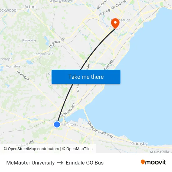 McMaster University to Erindale GO Bus map