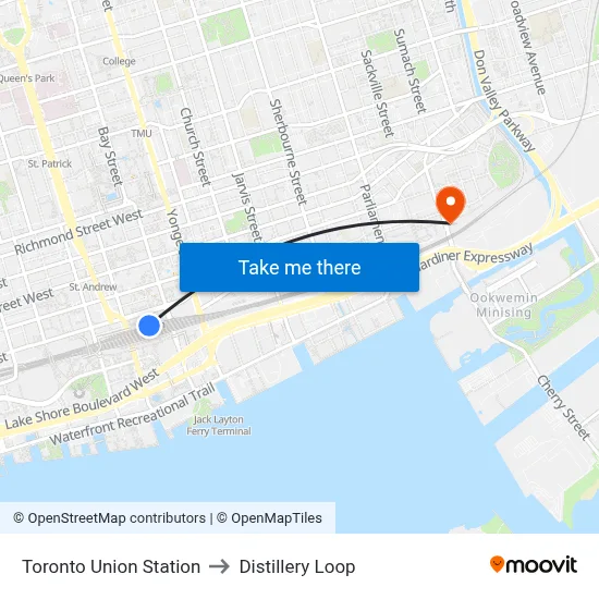 Toronto Union Station to Distillery Loop map