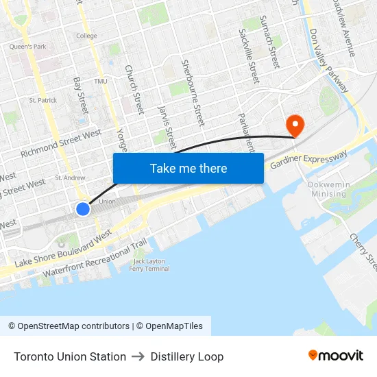 Toronto Union Station to Distillery Loop map