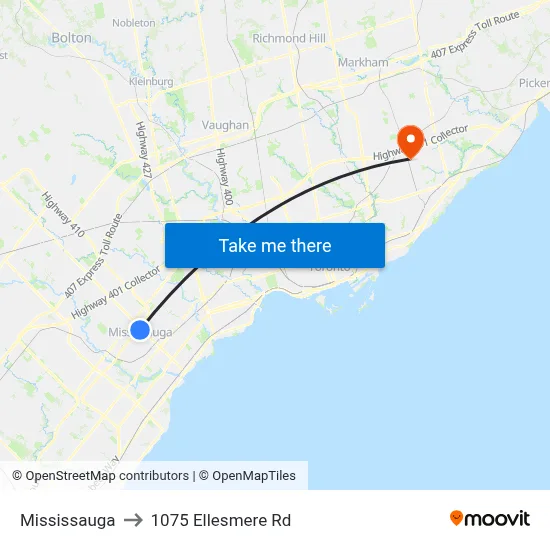 Mississauga to 1075 Ellesmere Rd map