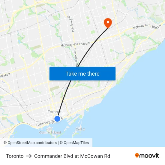 Toronto to Commander Blvd at McCowan Rd map