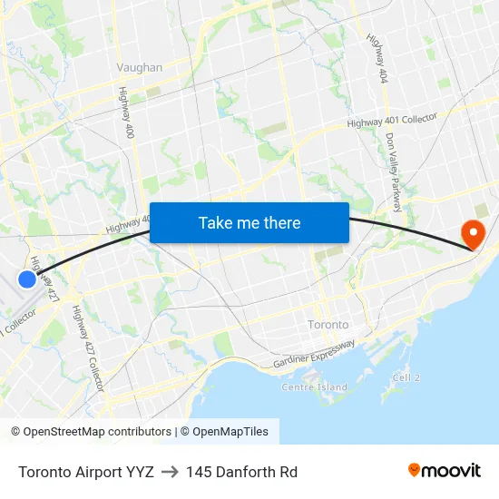 Toronto Airport YYZ to 145 Danforth Rd map
