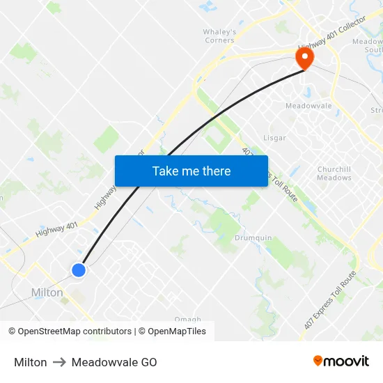 Milton to Meadowvale GO map