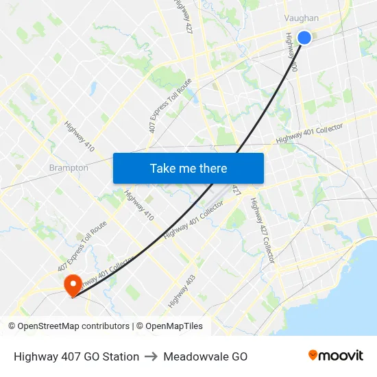 Highway 407 GO Station to Meadowvale GO map