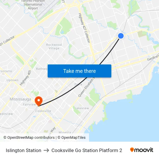 Islington Station to Cooksville Go Station Platform 2 map