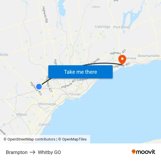Brampton to Whitby GO map