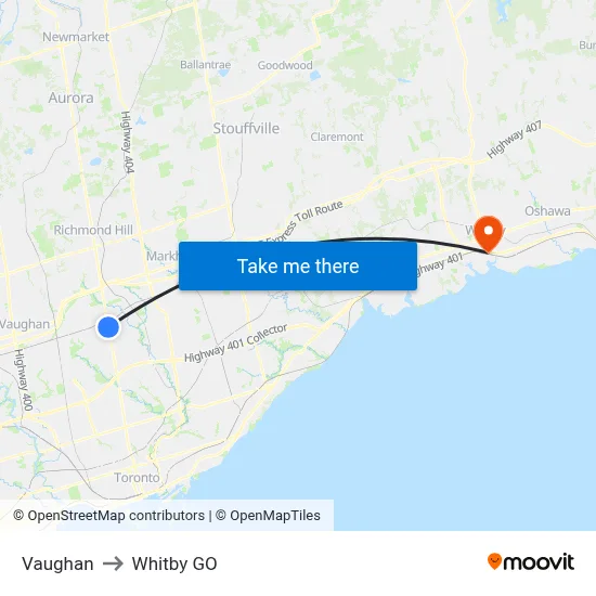 Vaughan to Whitby GO map