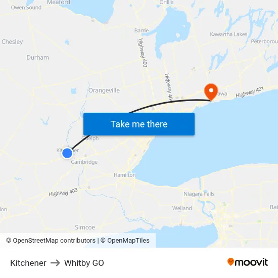 Kitchener to Whitby GO map