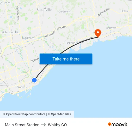 Main Street Station to Whitby GO map