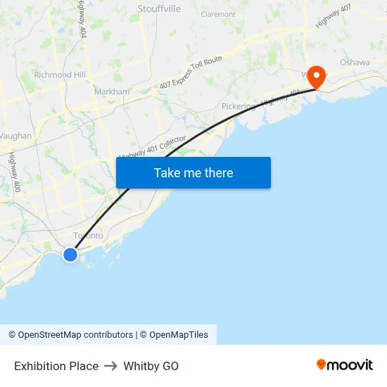 Exhibition Place to Whitby GO map