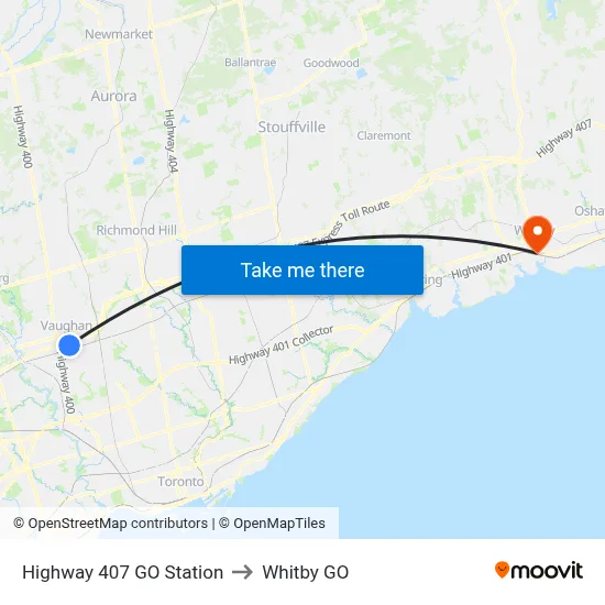 Highway 407 GO Station to Whitby GO map