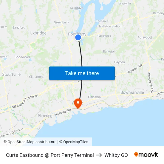 Curts Eastbound @ Port Perry Terminal to Whitby GO map