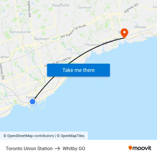 Toronto Union Station to Whitby GO map