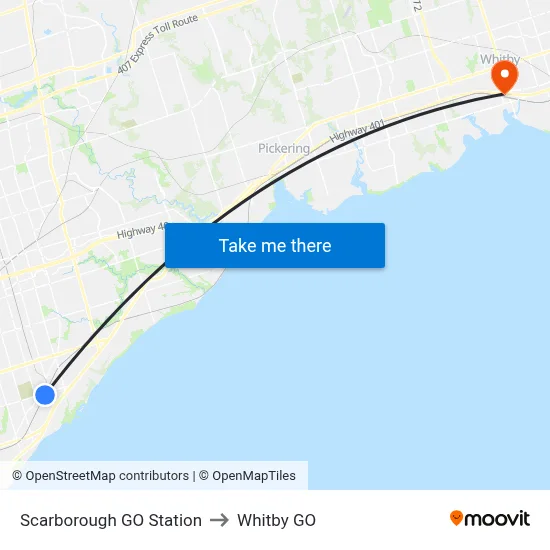 Scarborough GO Station to Whitby GO map