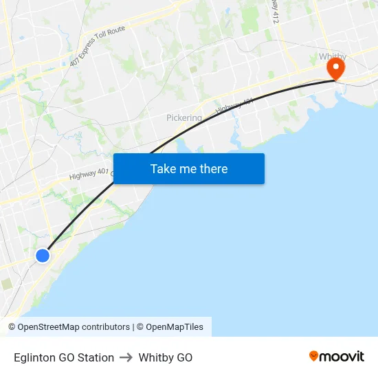 Eglinton GO Station to Whitby GO map