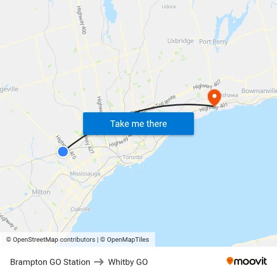 Brampton GO Station to Whitby GO map