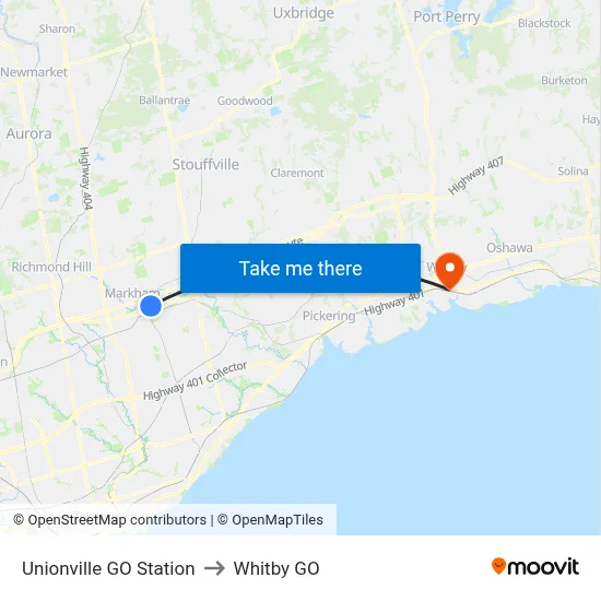 Unionville GO Station to Whitby GO map