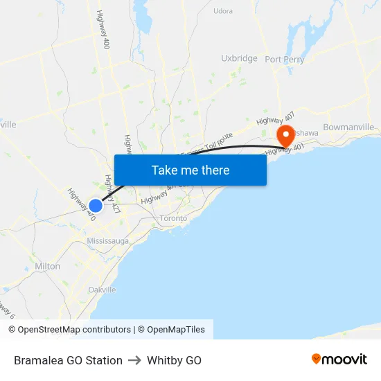 Bramalea GO Station to Whitby GO map