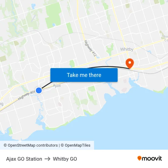 Ajax GO Station to Whitby GO map