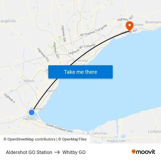 Aldershot GO Station to Whitby GO map