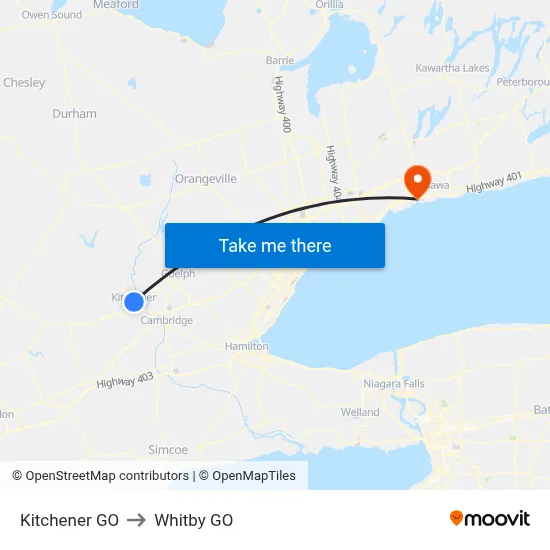Kitchener GO to Whitby GO map