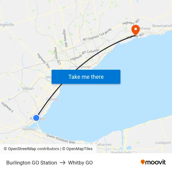 Burlington GO Station to Whitby GO map