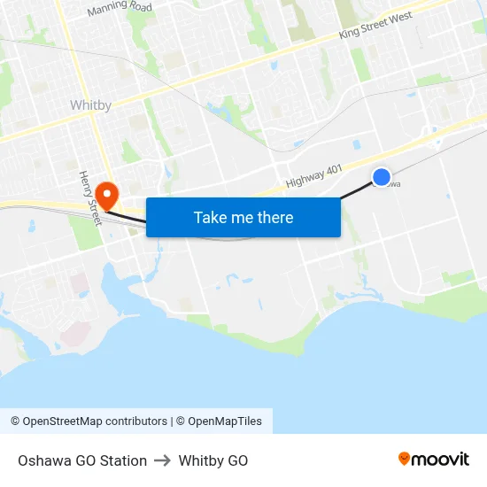 Oshawa GO Station to Whitby GO map