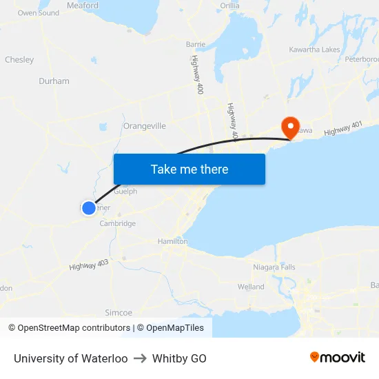 University of Waterloo to Whitby GO map