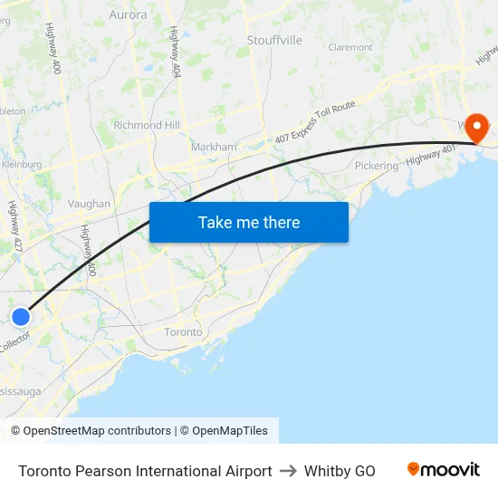 Toronto Pearson International Airport to Whitby GO map