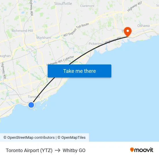 Toronto Airport (YTZ) to Whitby GO map