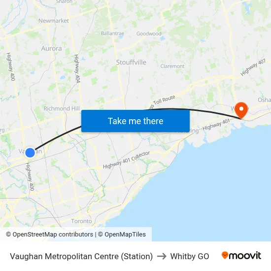 Vaughan Metropolitan Centre (Station) to Whitby GO map