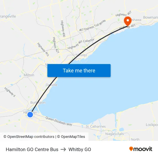 Hamilton GO Centre Bus to Whitby GO map