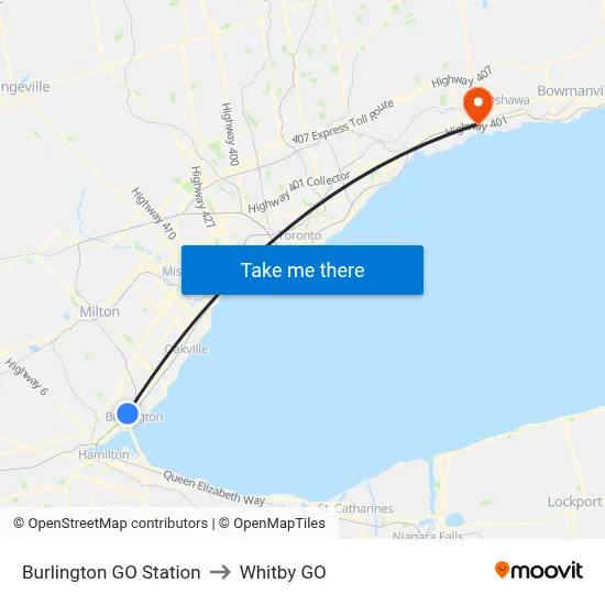 Burlington GO Station to Whitby GO map