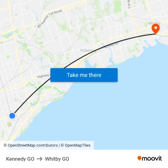 Kennedy GO to Whitby GO map