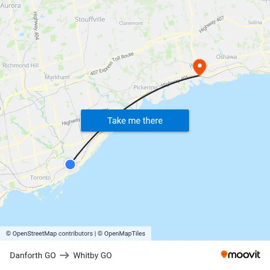 Danforth GO to Whitby GO map