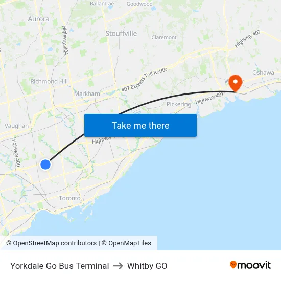 Yorkdale Go Bus Terminal to Whitby GO map