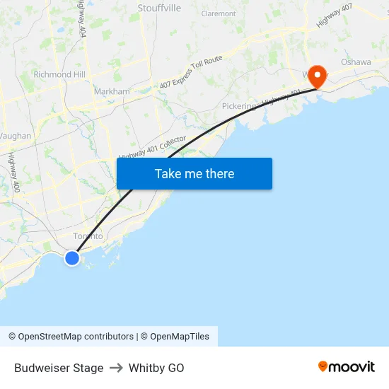 Budweiser Stage to Whitby GO map