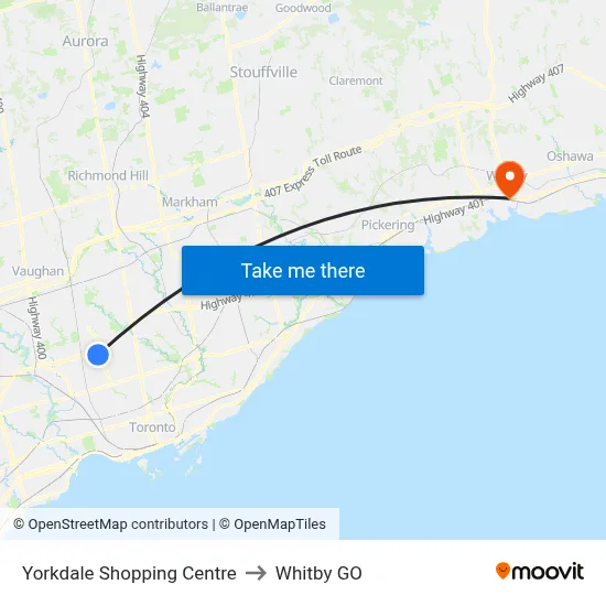 Yorkdale Shopping Centre to Whitby GO map