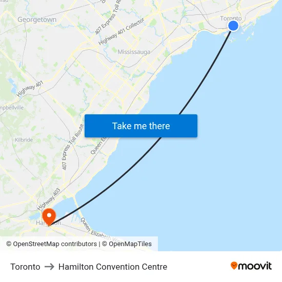 Toronto to Hamilton Convention Centre map