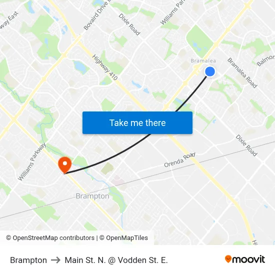 Brampton to Main St. N. @ Vodden St. E. map