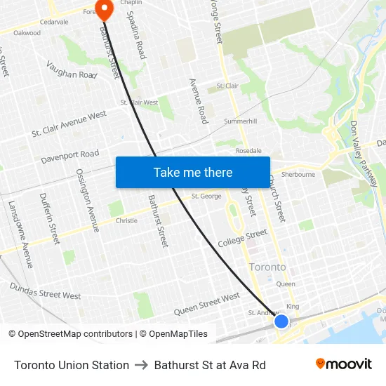 Toronto Union Station to Bathurst St at Ava Rd map