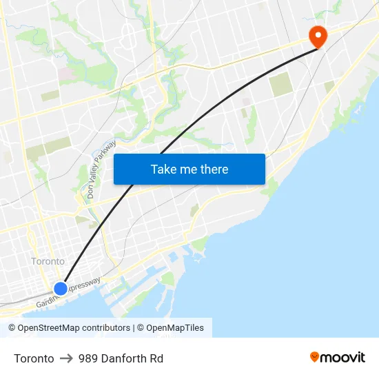 Toronto to 989 Danforth Rd map