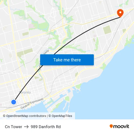 Cn Tower to 989 Danforth Rd map