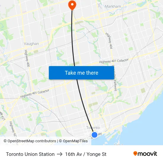 Toronto Union Station to 16th Av / Yonge St map