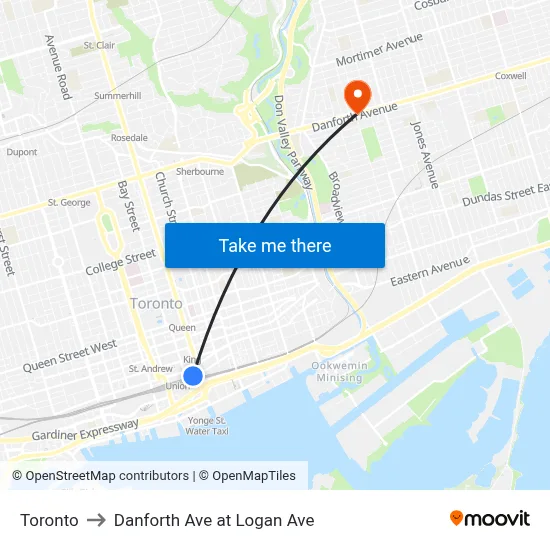 Toronto to Danforth Ave at Logan Ave map