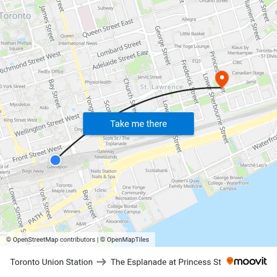 Toronto Union Station to The Esplanade at Princess St map