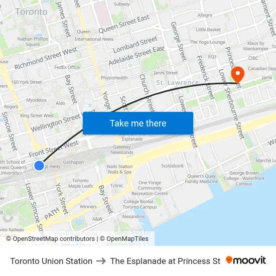Toronto Union Station to The Esplanade at Princess St map