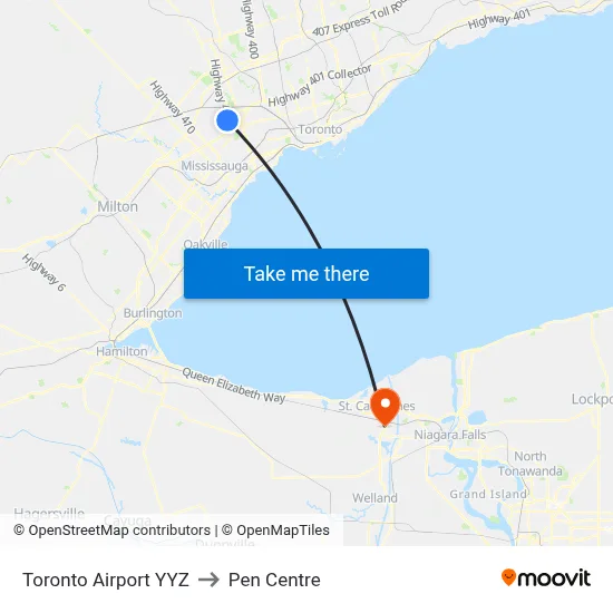 Toronto Airport YYZ to Pen Centre map