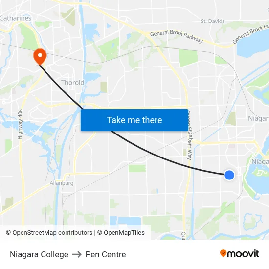 Niagara College to Pen Centre map