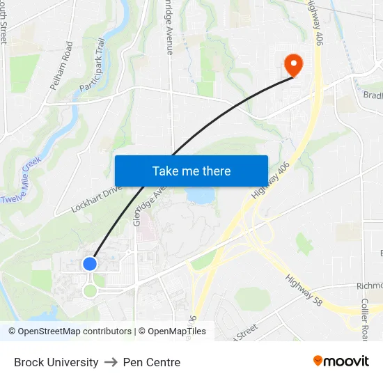 Brock University to Pen Centre map